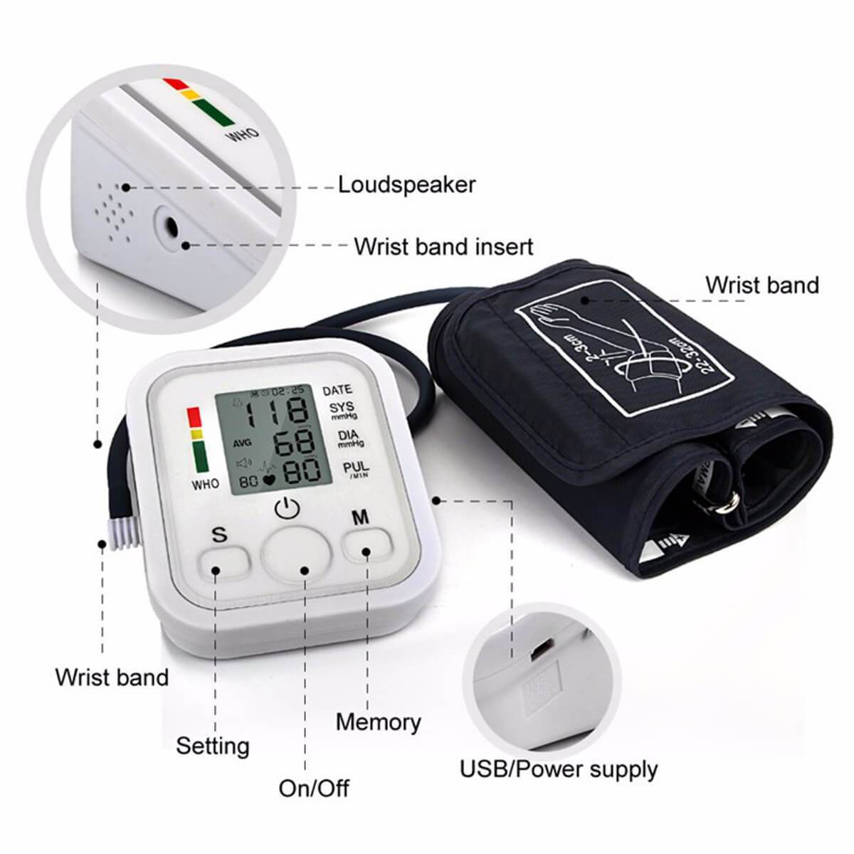 Upper Arm Blood Pressure Monitor with Oximeter. Automatic Periodic