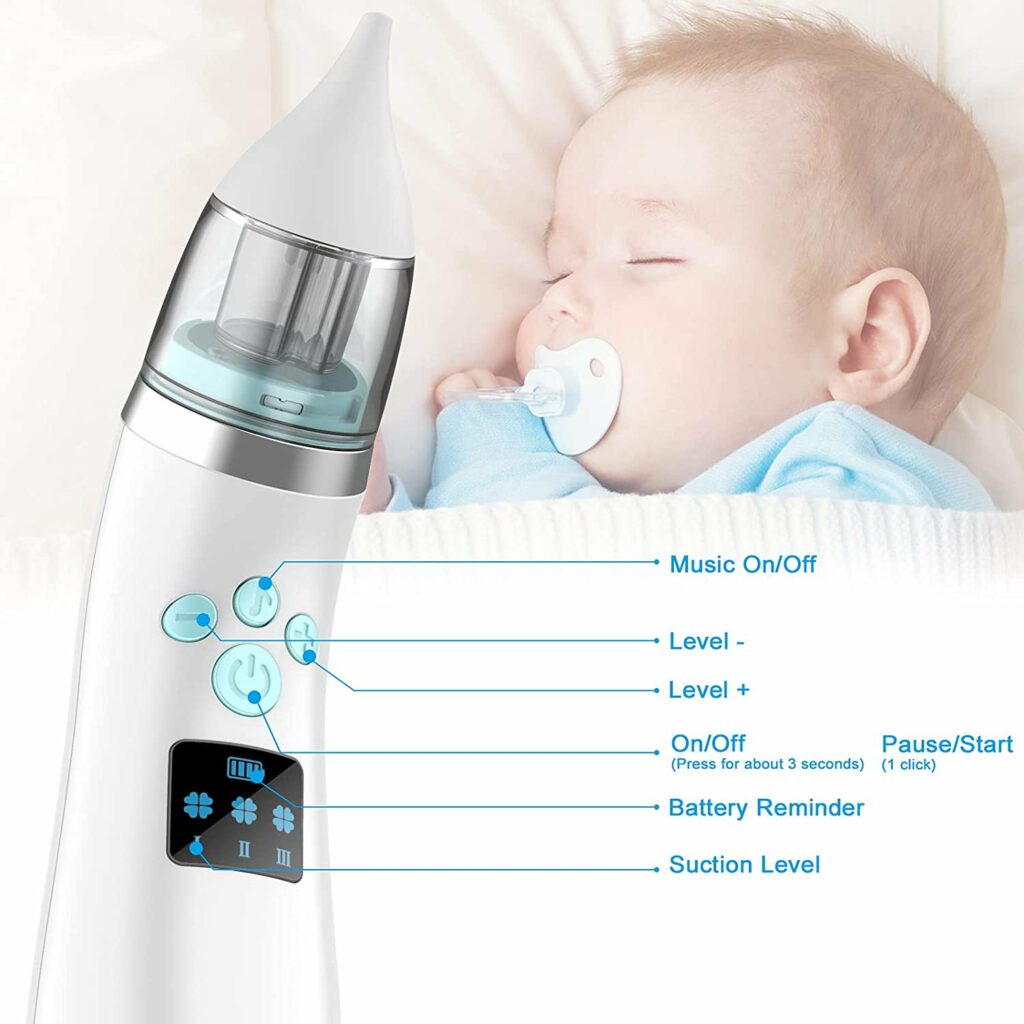 Baby Nasal Aspirator - Safe, Quick, and Hygienic Nose Cleaner with Pause,  Music, and Light Soothing Functions - 3 Silicone Tips, Adjustable Suction